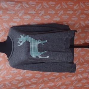 Long sleeve grey shirt with a green plaid deer